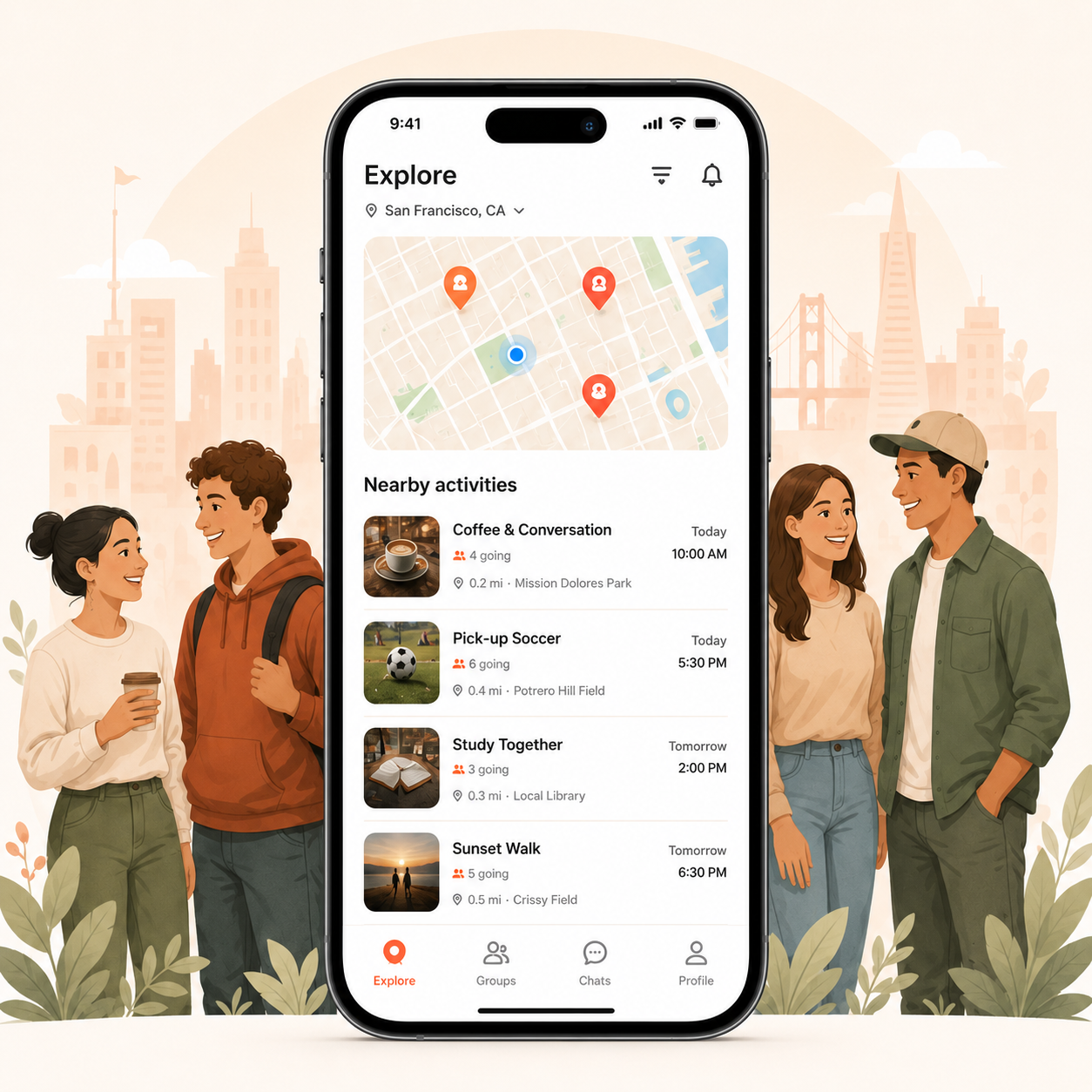 Around app preview with nearby meetup scene